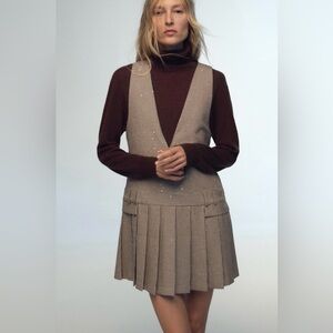 Zara Tweed Mini Dress Pleated Skirt Brown Houndstooth Sequin Detail Size L NWT